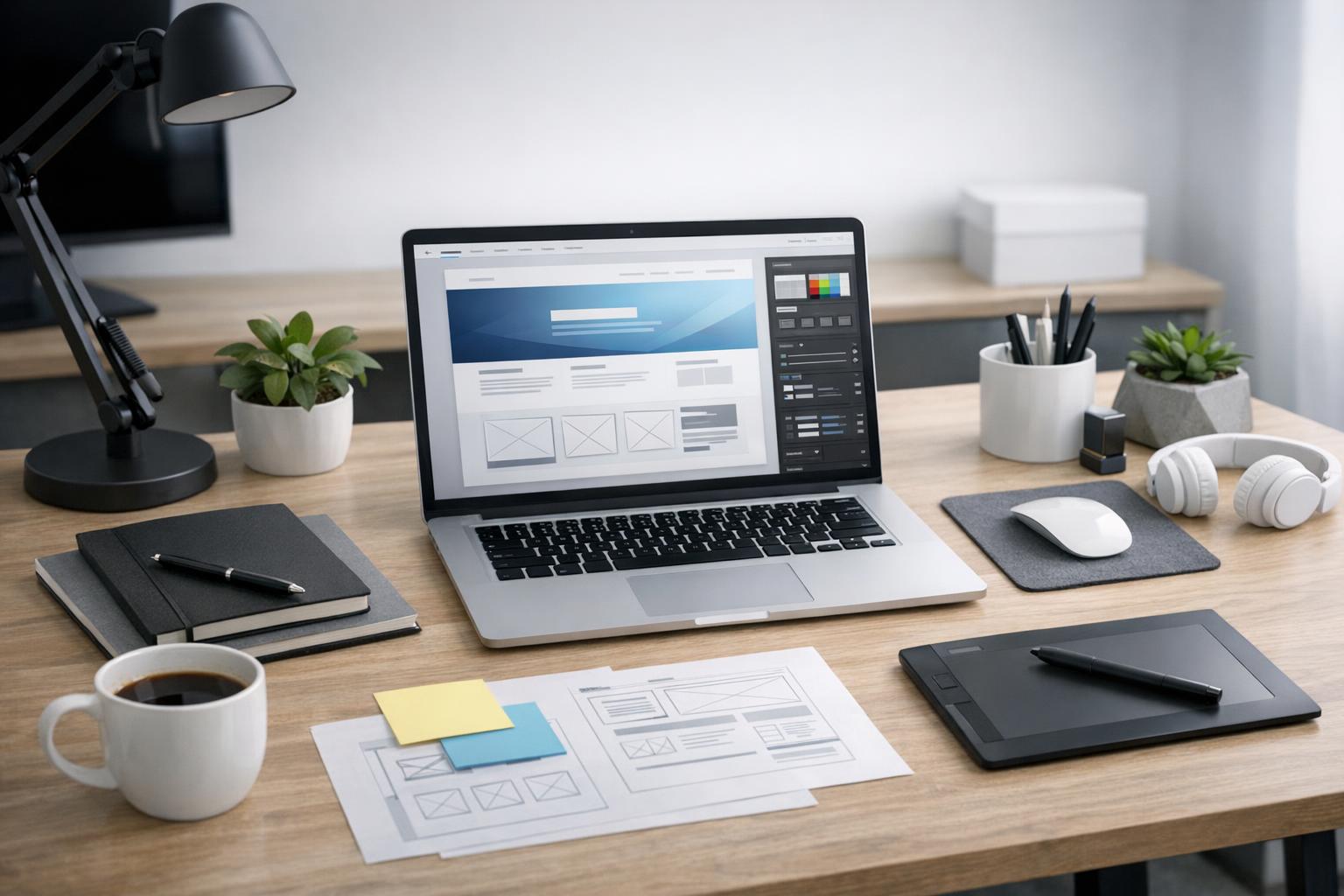 Nowoczesny biurowy stół z laptopem i akcesoriami — projektowanie strony