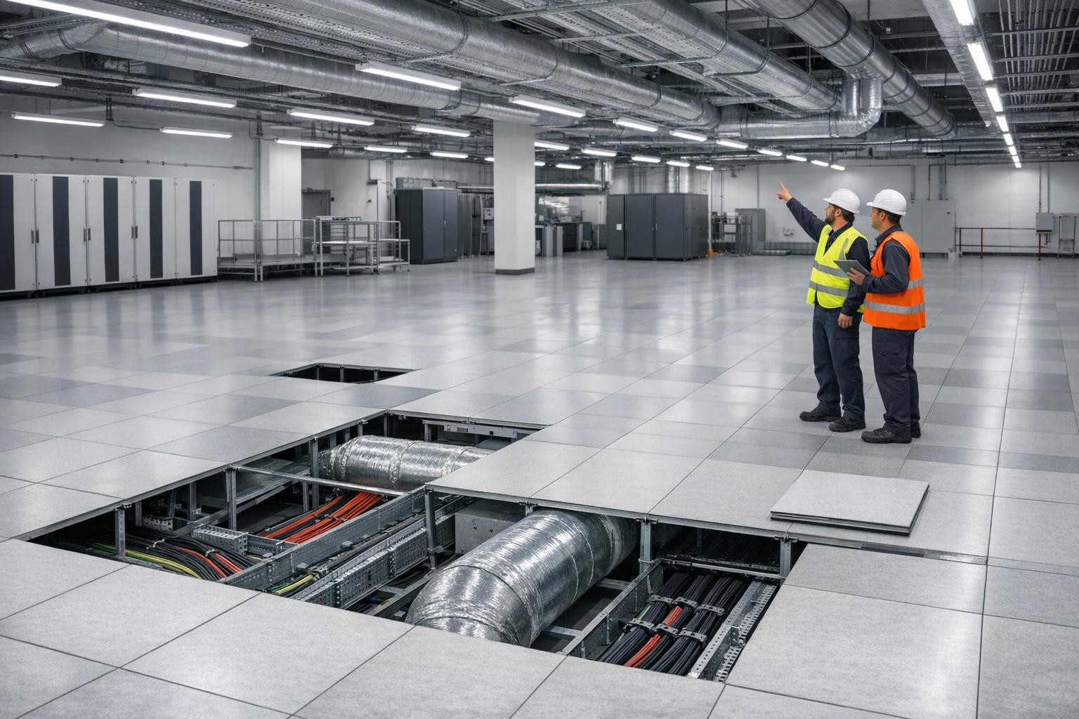 Zdjęcie: nowoczesna hala z podłogą techniczną i widocznymi kanałami instalacyjnymi