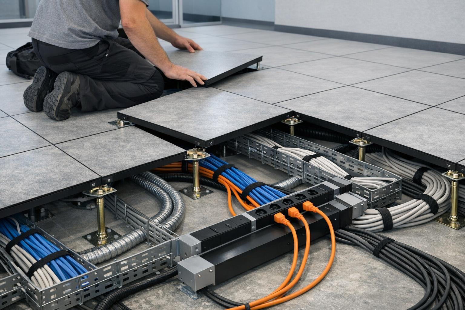 Zdjęcie: instalacja podłogi podniesionej z widocznym systemem prowadzenia kabli